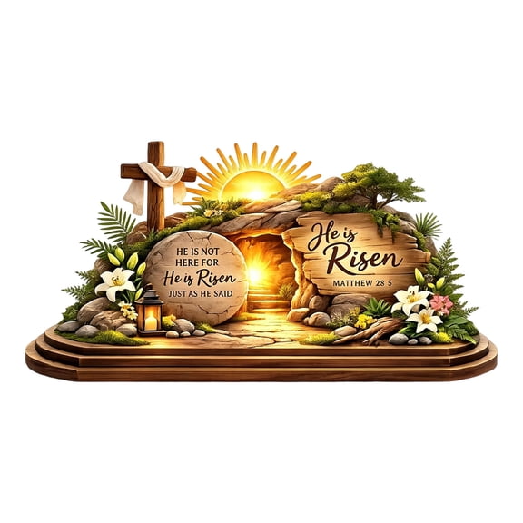 chaungfeng He is Risen Easter Decor, 2D Empty Tomb Resurrection Scene and Christian Cross Decoration Set for Tray, Jesus Nativity Tray, Church, Shelf Decor (He is Risen-1)