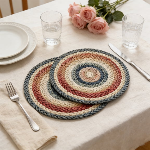 chaungfeng Round Braided Placemats, Warm Lodge and Cabin Decor, Set of 2, 15" Multicolor Jute Table Mats - Vibrant Colors, Durable, Easy to Clean and Protects Furniture