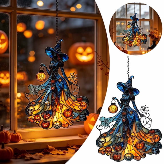 chaungfeng Scary Witch Acrylic Suncatcher, Stained Glass Window Car Hanging Christmas Ornament for Indoor Outdoor Decor, Garden Sun Catcher Panel for Halloween Lover for Women Mom Grandma