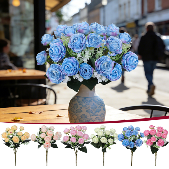 chaungfeng Silk Rose Peony, Artificial Flowers Beautiful Bouquet for Wedding Party Home Decoration Mariage Fake Flower,Blue