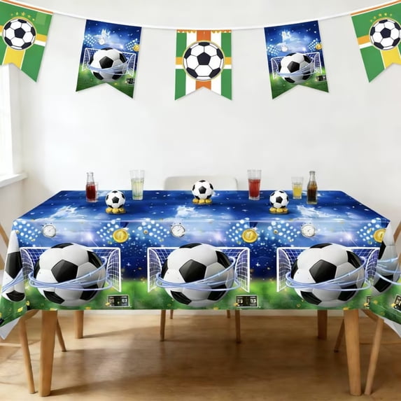 chaungfeng Soccer-Themed Party Tablecloth 108x54in, Football Patterns Table Cover Waterproof Washable Rectangular for Buffets Birthday Party Holiday Dinners Picnics and Kitchen Decor