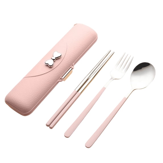 chaungfeng Stainless Steel Portable Cutlery Set, Camping Cutlery Box Set with Spoon Fork Chopsticks Storage Box for Campers Office Workers (Pink)