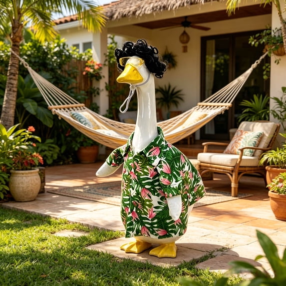 chaungfeng Tropical Hawaiian Style Porch Goose Costume Set, Retro Glasses & Wig Matching Summer Shirt Outfit, Complete Holiday Dress-Up Kit for 23in Goose Statues and Outdoor Patio Decor