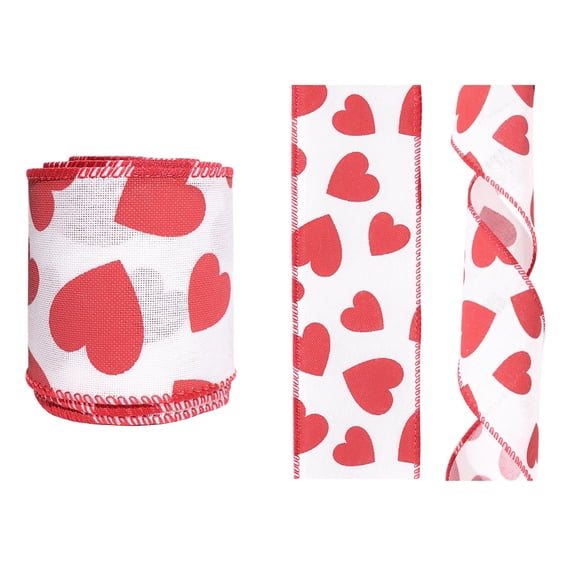 chaungfeng Valentine's Day Burlap Wired Edge Ribbon, 2.4 x 78.7 Inch Red Ribbon with Heart for Valentine's Day Gift Package Wrapping, Wedding Wreath Bows Craft Decoration (A)