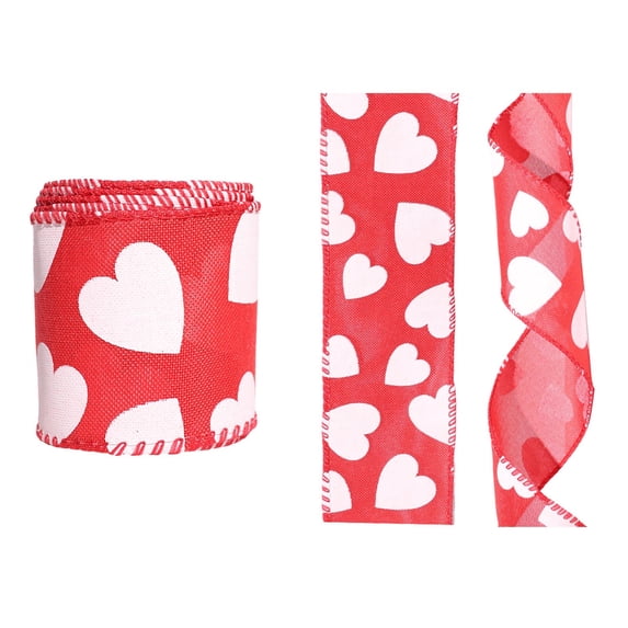 chaungfeng Valentine's Day Burlap Wired Edge Ribbon, 2.4 x 78.7 Inch Red Ribbon with Heart for Valentine's Day Gift Package Wrapping, Wedding Wreath Bows Craft Decoration (B)