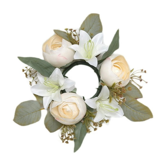 chaungfeng Vintage Artificial Lilies Rose Candle Rings Wreaths, 11.8 Inch Blossom Garland for Easter Wedding Bridal Home Decor Floral Table Centerpiece (Pink)