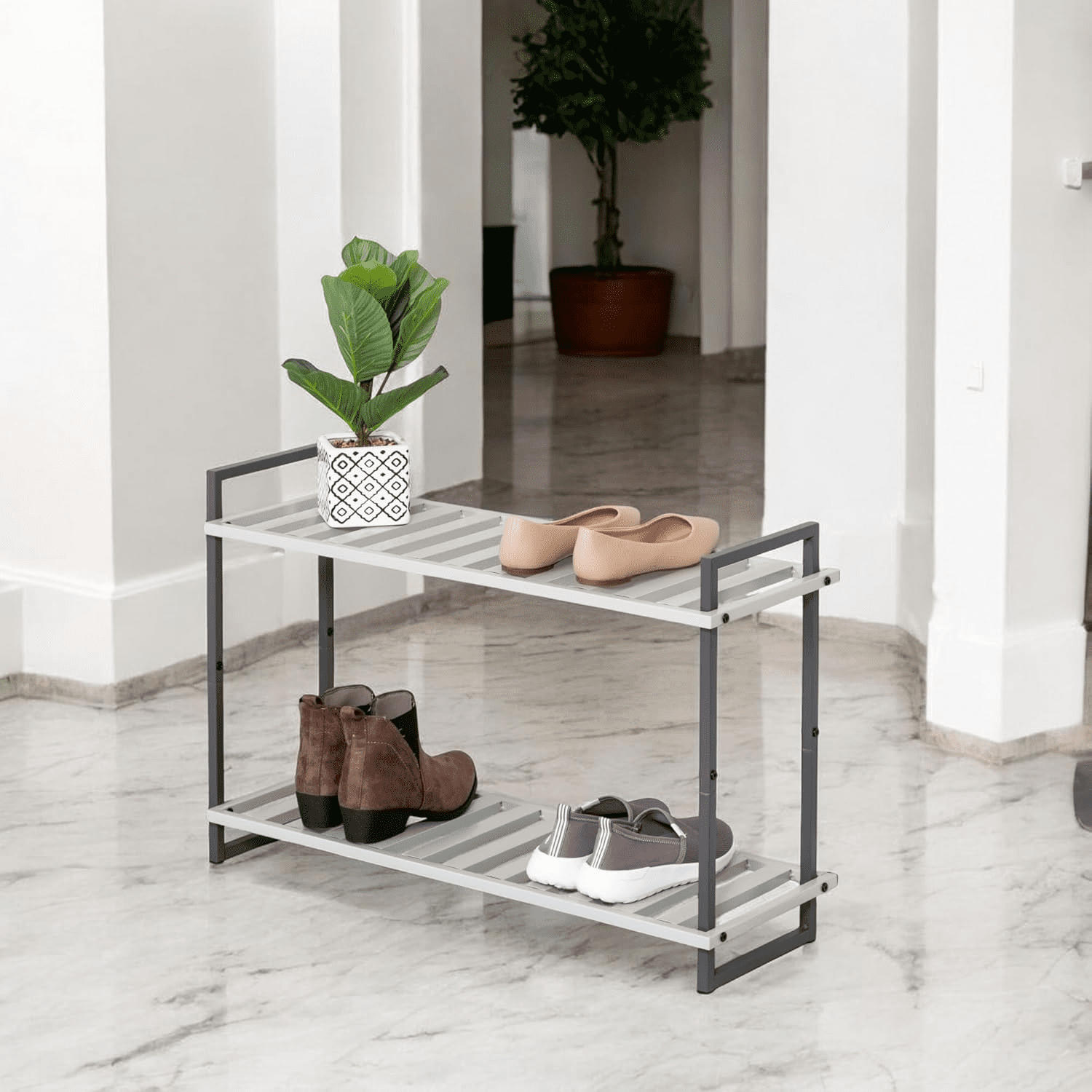 Slatted Stell Rack chdqwer 2-Tier Steel Shoe Rack Slatted Shelves Tube Piping Grey & White ...
