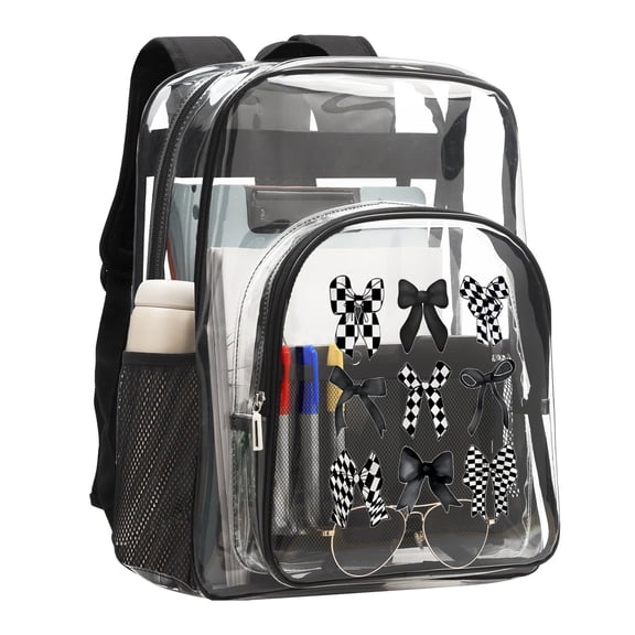 checkered bows 16'' Clear Backpack, Heavy Duty PVC Transparent Backpack, See Through Bookbag Multiple Pockets for Stadium,Travel