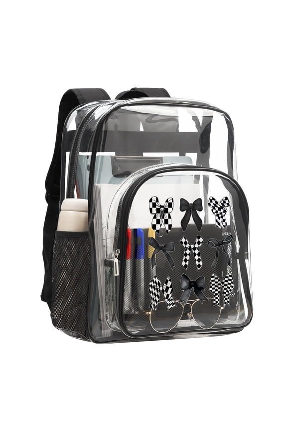 checkered bows 16'' Clear Backpack, Heavy Duty PVC Transparent Backpack, See Through Bookbag Multiple Pockets for Stadium,Travel