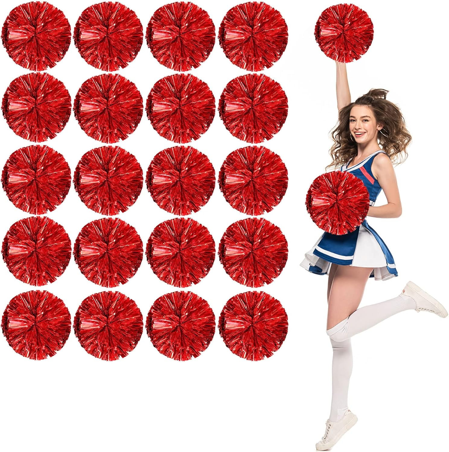 cheer pom pom, 20PCS Cheerleading Pom Poms, Premium Metallic Pom Poms Set Cheering Hand Flowers Handle Dance Pom Poms Cheering Squad Pompoms for Football Basketball Cheers