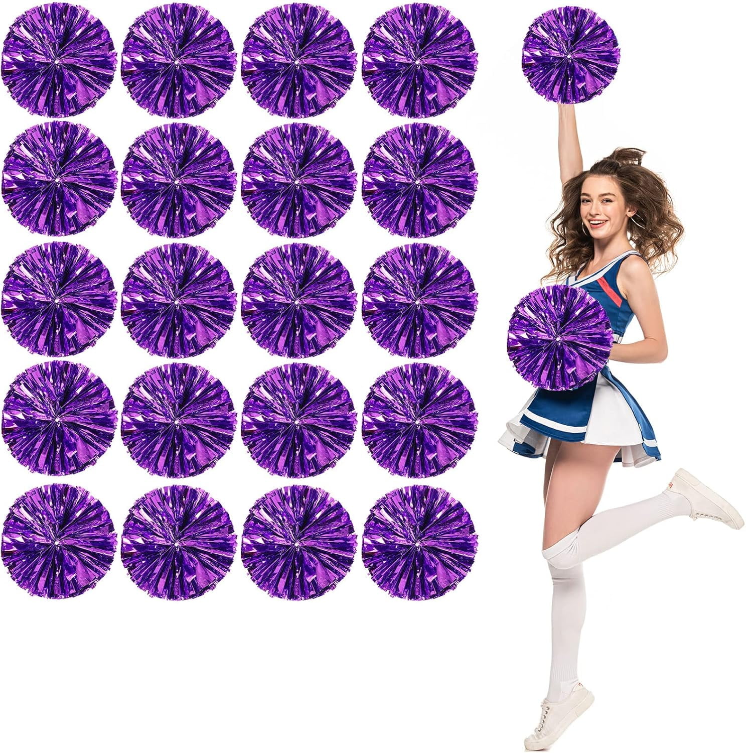 cheer pom pom, 20PCS Cheerleading Pom Poms, Premium Metallic Pom Poms Set Cheering Hand Flowers Handle Dance Pom Poms Cheering Squad Pompoms for Football Basketball Cheers
