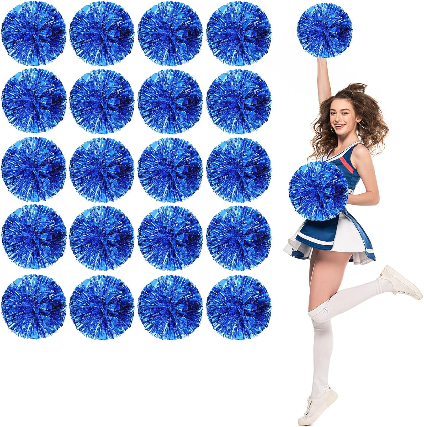 cheer pom pom, 20PCS Cheerleading Pom Poms, Premium Metallic Pom Poms Set Cheering Hand Flowers Handle Dance Pom Poms Cheering Squad Pompoms for Football Basketball Cheers