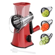 Behome Rotary Cheese Grater with 3 Interchangeable Blades, Hand Crank Cheese Shredder with Non-Slip Suction Base, Vegetable Slicer for Fruit, Vegetables, Nuts, Red