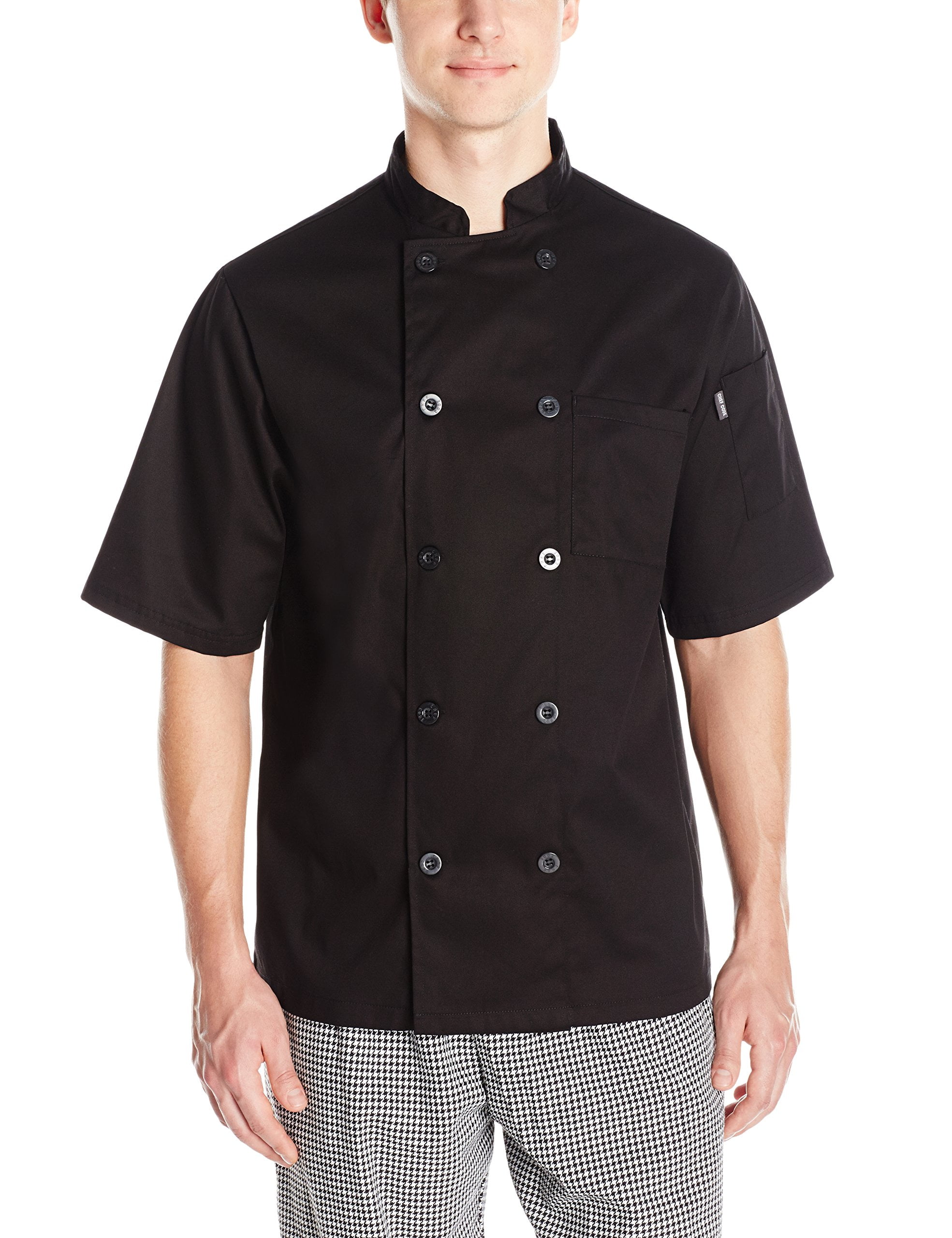 Black Short Sleeve Double-Breasted Chef Coat with Pearl Buttons