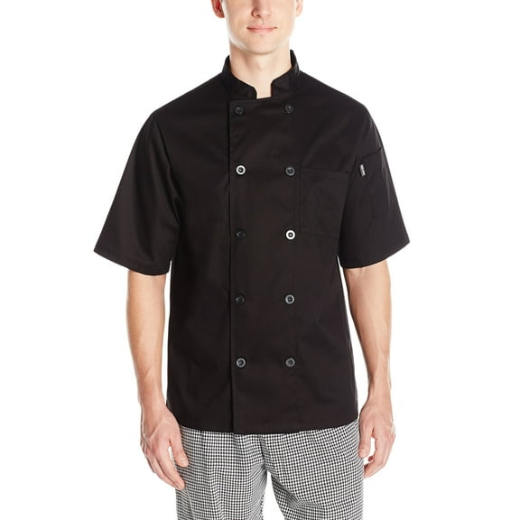 chef code basic short sleeve chef coat with pearl buttons, chef jacket, Black, L