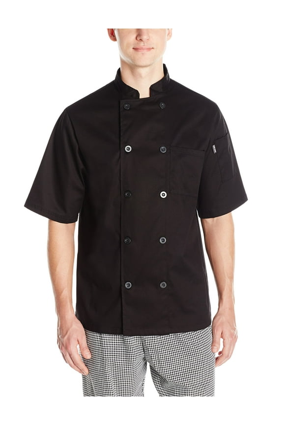 basic short sleeve chef coat with pearl buttons, chef jacket, Black, L
