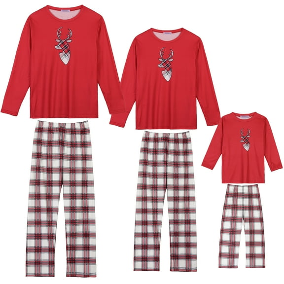 INSPIRE CHIC Christmas Elk Print Tops with Plaid Pants Sleepwear Family Pajama Sets ["Boys & Girls"] XS Red
