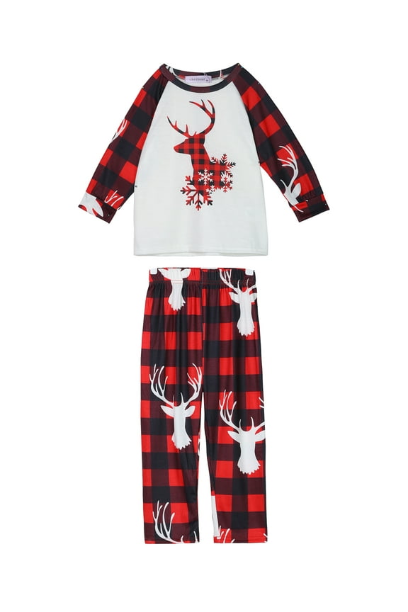 Family Christmas Pajama Sets Women's Deer Long Sleeve Tee and Plaid Pants 2XL Women's Red