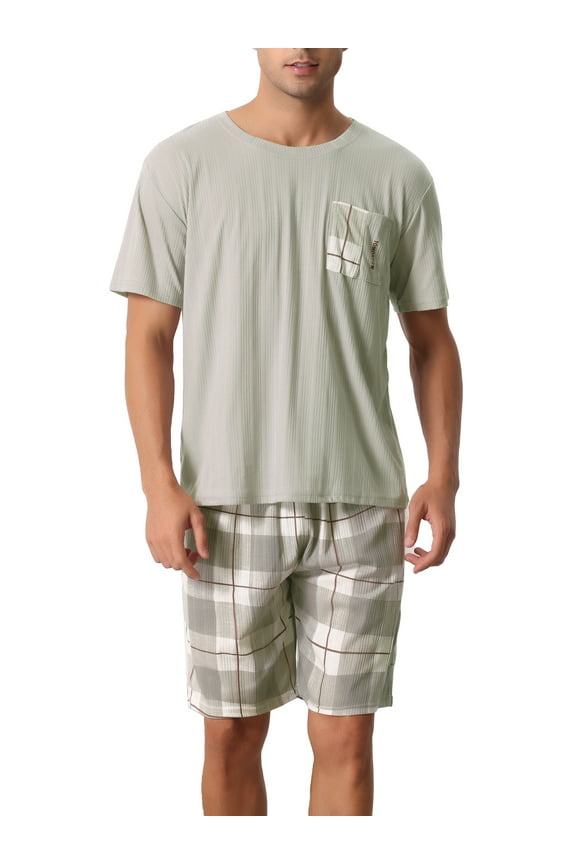 Men's Sleepwear Short Sleeve T-Shirt with Plaid Shorts Pajama Set L Gray