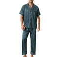 thumbnail image 1 of INSPIRE CHIC Men's Button Down Short Sleeve Shirt and Long Pants 2 Pcs Striped Satin Pajama Set L Blue, 1 of 6
