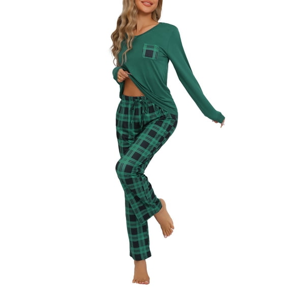INSPIRE CHIC Women's Pajamas Set Long Sleeve Plaid Soft Pajamas Lounge Sets with Pockets XS Green