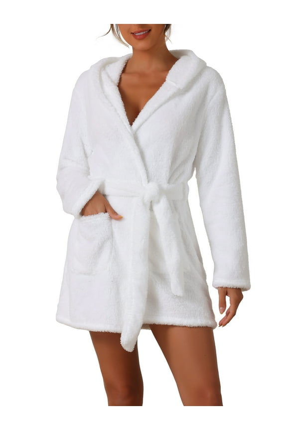 Women's Fuzzy Robe Belted Hooded Fleece Plush Bath Robe Fall Winter Mini Spa Robes with Pockets XS White