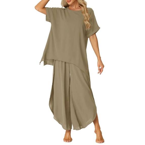 INSPIRE CHIC Women's Pajamas Casual Short Sleeve Loose Outfit Set Shirt Long Pants 2 Piece Sets L Khaki Green