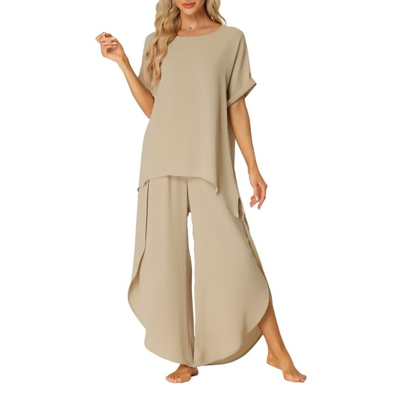 INSPIRE CHIC Women's Pajamas Casual Short Sleeve Loose Outfit Set Shirt Long Pants 2 Piece Sets XS Light Khaki