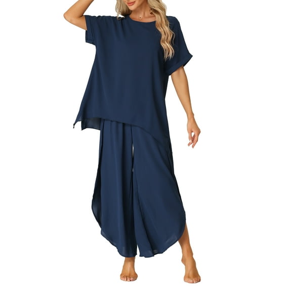 INSPIRE CHIC Women's Pajamas Casual Short Sleeve Loose Outfit Set Shirt Long Pants 2 Piece Sets M Navy Blue