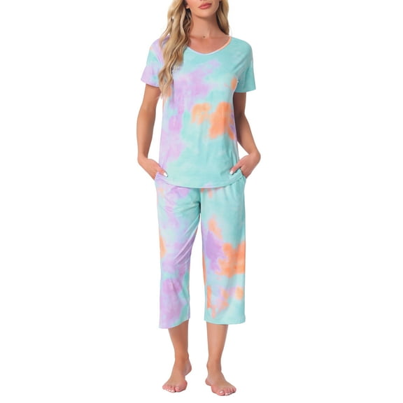 INSPIRE CHIC Women's Pajama Set Tie Dye Short Sleeve Capri Pants Lounge Sets with Pockets XL Orange