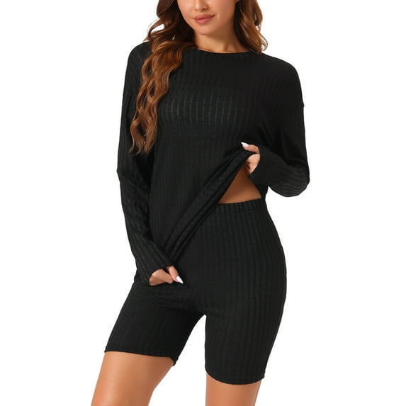INSPIRE CHIC Women's 2 Piece Lounge Sets Ribbed Knit Matching Outfits Long Sleeve Top with Biker Shorts Sweatsuits S Black
