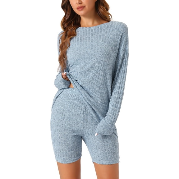 INSPIRE CHIC Women's 2 Piece Lounge Sets Ribbed Knit Matching Outfits Long Sleeve Top with Biker Shorts Sweatsuits XL Light Blue