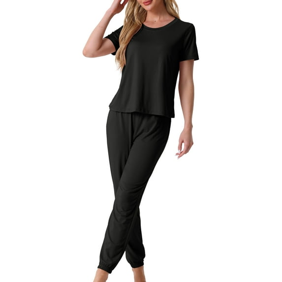 INSPIRE CHIC Women's Pajamas Set Modal Sleepwear Short Sleeve Nightwear with Long Sweat Pants Soft Set M Black