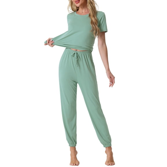 INSPIRE CHIC Women's Pajamas Set Modal Sleepwear Short Sleeve Nightwear with Long Sweat Pants Soft Set L Green