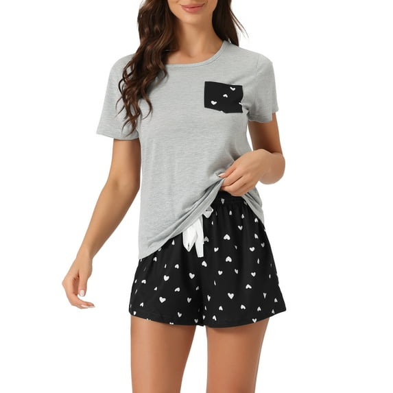 INSPIRE CHIC Women's Plaid Short Sleeve T-Shirt with Shorts Pajama Set S Gray