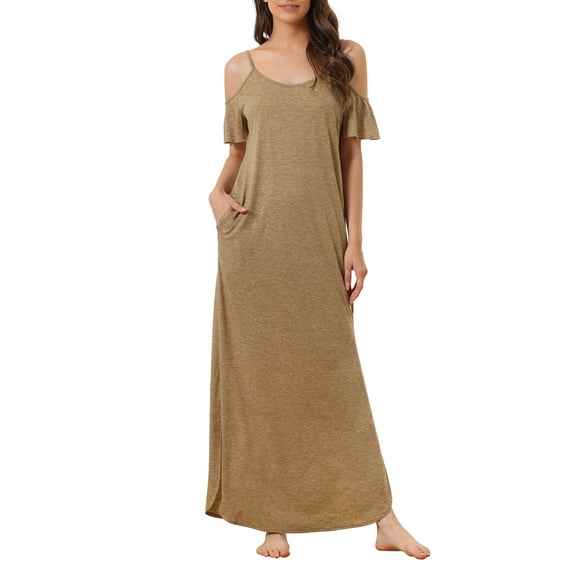 INSPIRE CHIC Women Summer Cold Shoulder Sundresses Strapless Nightgown Short Sleeve Maxi Lounge Dress