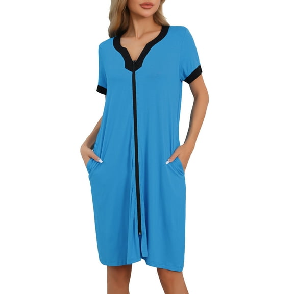 INSPIRE CHIC INSPIRE CHIC Women's Zip-Up Front Nightgown Robe House Coat Short Sleeves Sleepwear Loungewear with Pockets S Sky Blue