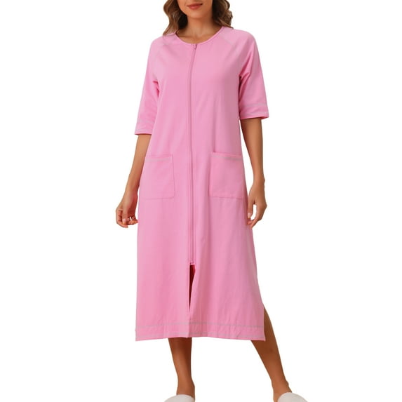 INSPIRE CHIC Women Zipper Robe Long Sleeve Loungewear Housecoat Midi Nightgown with Pockets L Pink