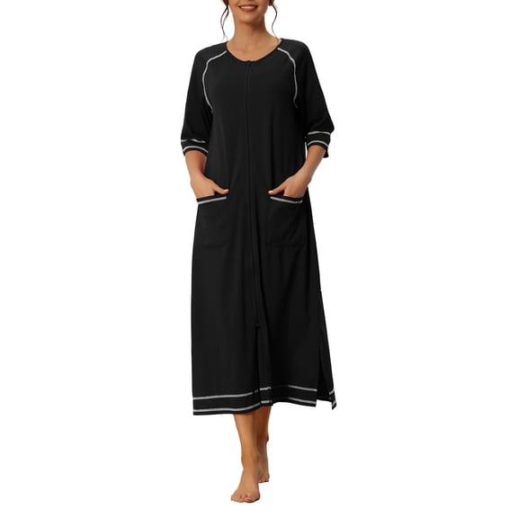 INSPIRE CHIC Women Zipper Robe Long Sleeve Loungewear Housecoat Midi Nightgown with Pockets S Black