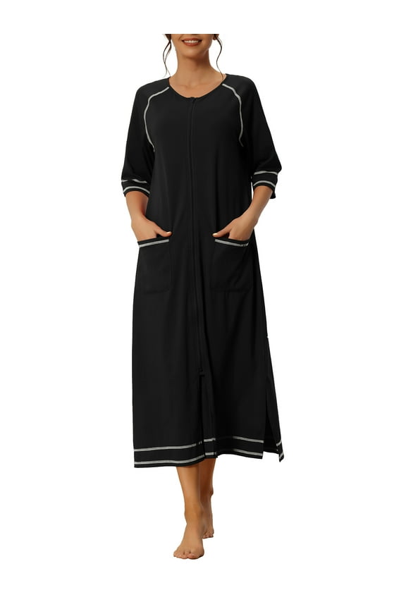 Women Zipper Robe Long Sleeve Loungewear Housecoat Midi Nightgown with Pockets XL Black