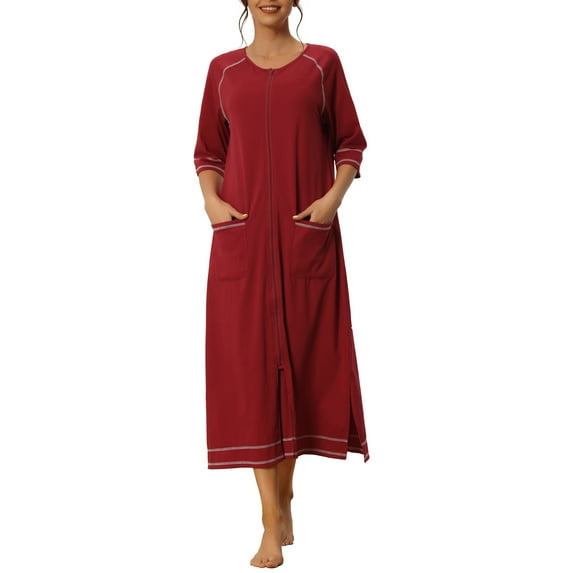 INSPIRE CHIC Women Zipper Robe Long Sleeve Loungewear Housecoat Midi Nightgown with Pockets S Red