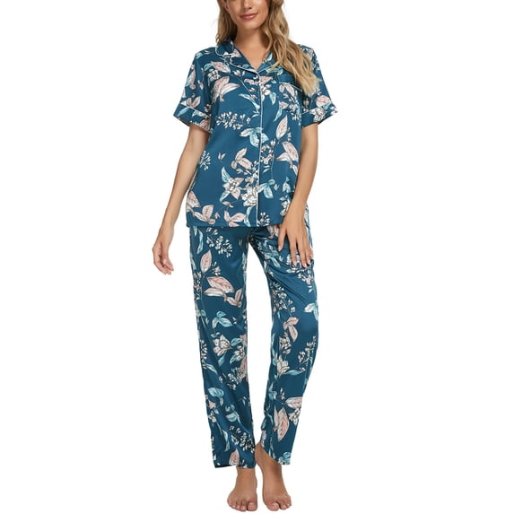 INSPIRE CHIC Women's Pajama Sets Button Down Shirt with Long Pants 2 Pcs Nightwear Sleepwear S Dark Blue