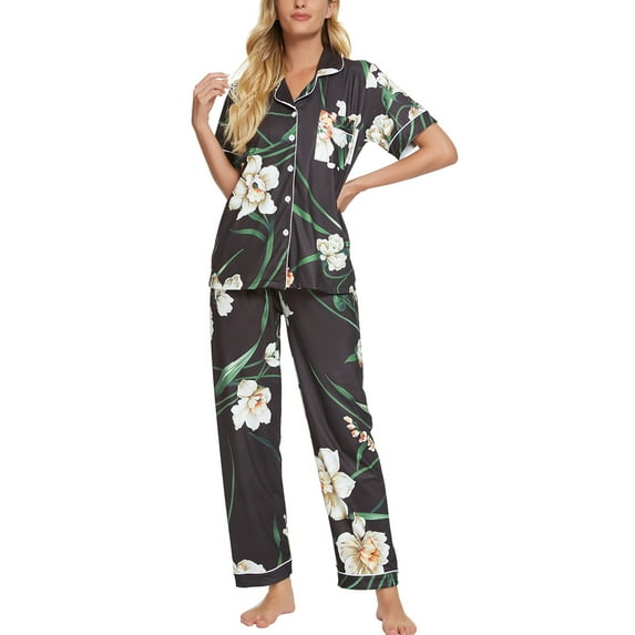 INSPIRE CHIC Women's Pajama Sets Button Down Shirt with Long Pants 2 Pcs Nightwear Sleepwear S Black White