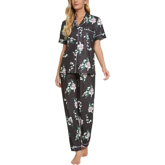INSPIRE CHIC Women's Pajama Sets Button Down Shirt with Long Pants 2 Pcs Nightwear Sleepwear XS Blacks