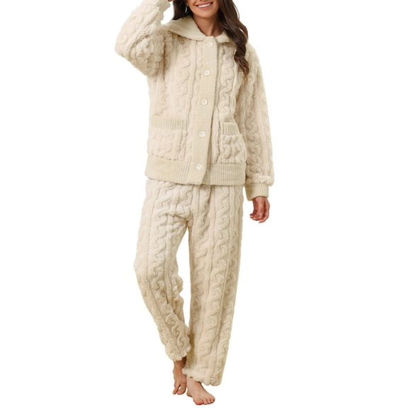 INSPIRE CHIC Women's Fluffy Fleece Pajama Set Soft Warm Button Down Long Sleeve Sleepwear with Pockets L Beige