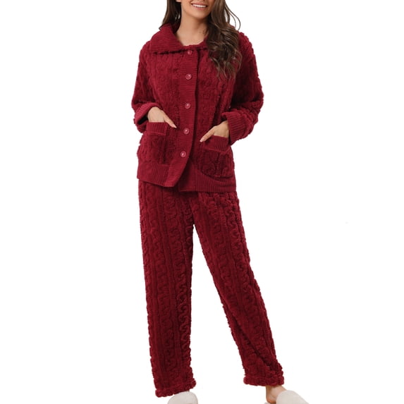 INSPIRE CHIC Women's Fluffy Fleece Pajama Set Soft Warm Button Down Long Sleeve Sleepwear with Pockets M Red