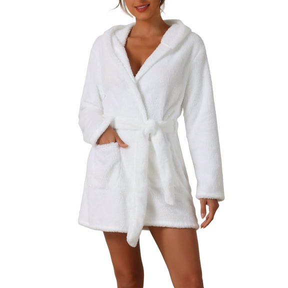 INSPIRE CHIC Women's Fuzzy Robe Belted Hooded Fleece Plush Bath Robe Fall Winter Mini Spa Robes with Pockets L White
