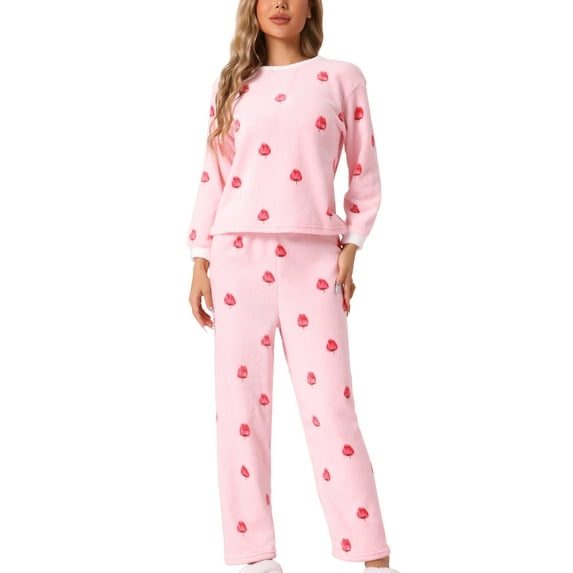 INSPIRE CHIC Women's Heart Star Tops with Pants Warm Flannel Plush Fleece Pajamas Set M Strawberry Pink