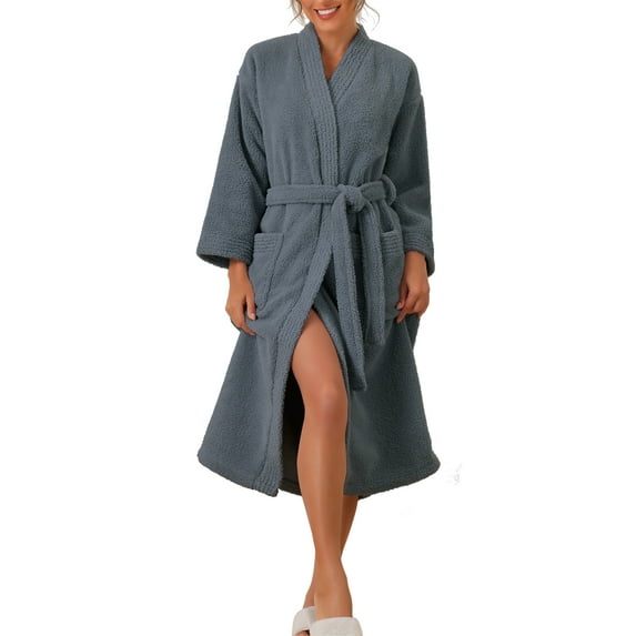 INSPIRE CHIC Women's Fluffy Fleece Robe Kimono Long Sleeve Thick Plush Self Tie Long Bathrobe for After Shower Spa Bath Suana M Grey