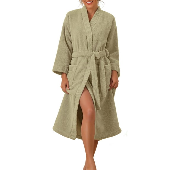 INSPIRE CHIC Women's Fluffy Fleece Robe Kimono Long Sleeve Thick Plush Self Tie Long Bathrobe for After Shower Spa Bath Suana XL Yellow
